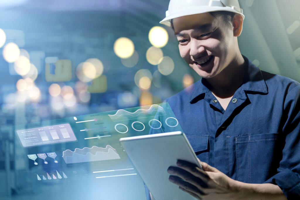 Genius Asian engineer smart factory machine IOT internet of thing digital technology futuristic, 3D digital process industry productive management technology app system control production